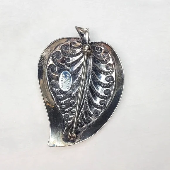 Vintage Danecraft Ornate Sterling Silver Signed Leaf Brooch - Picture 8 of 13